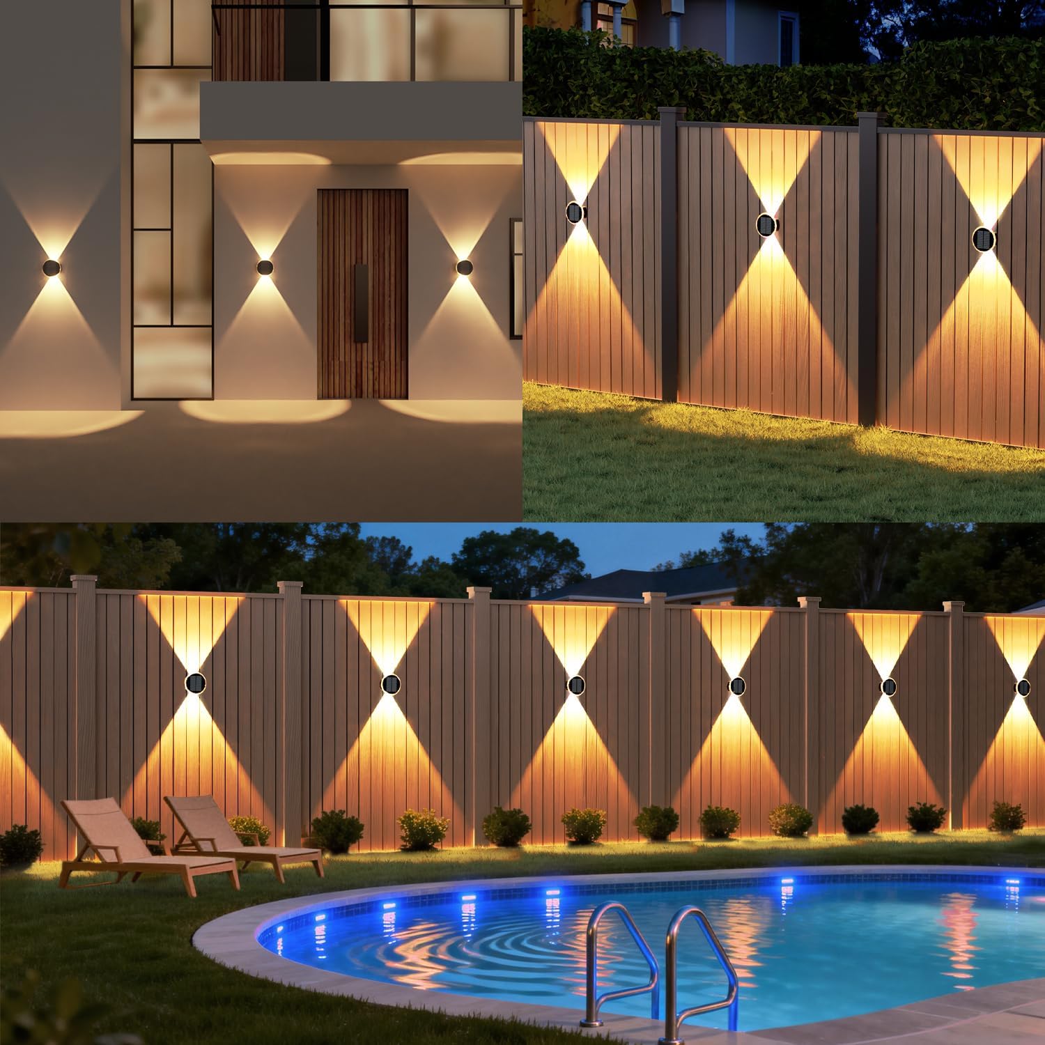 (6 PCS) Solar Lights Outdoor Garden Round Solar Wall Lights with Up and Down Lighting IP65 Waterproof 3 Colour Modes for Fence Patio Backyard Pathway Decorations