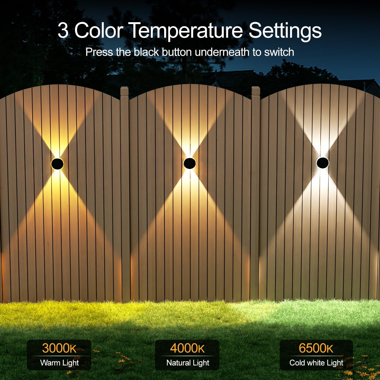 (6 PCS) Solar Lights Outdoor Garden Round Solar Wall Lights with Up and Down Lighting IP65 Waterproof 3 Colour Modes for Fence Patio Backyard Pathway Decorations