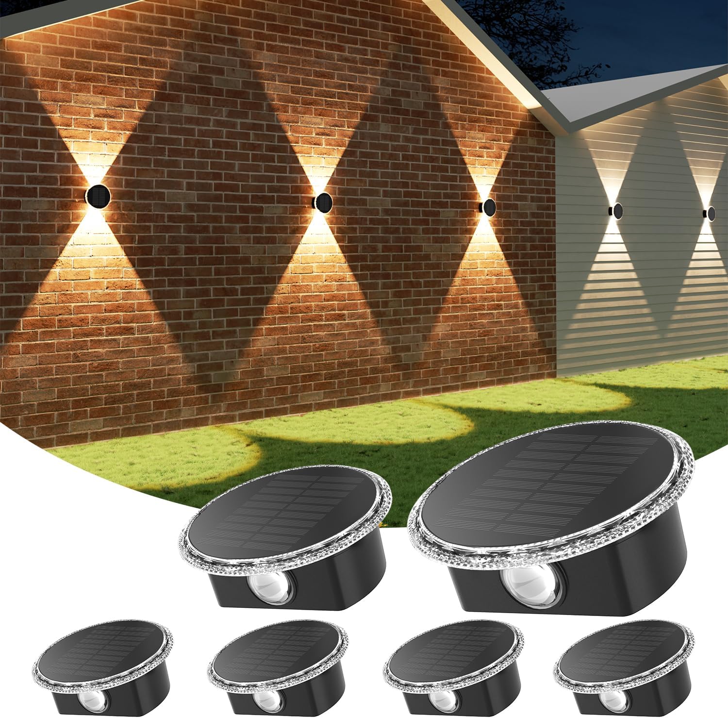(6 PCS) Solar Lights Outdoor Garden Round Solar Wall Lights with Up and Down Lighting IP65 Waterproof 3 Colour Modes for Fence Patio Backyard Pathway Decorations