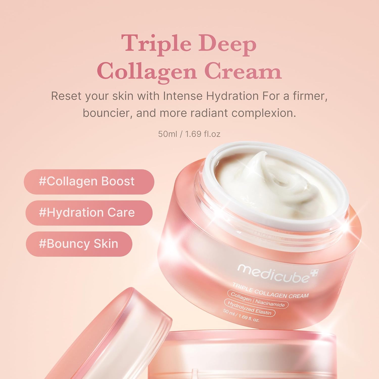 medicube Triple Collagen Cream 50ml Hydrating Niacinamide Elastin Firming Moisturizer Hyaluronic Acid Shea Butter Wrinkle Care Boosts Elasticity Korean Skincare