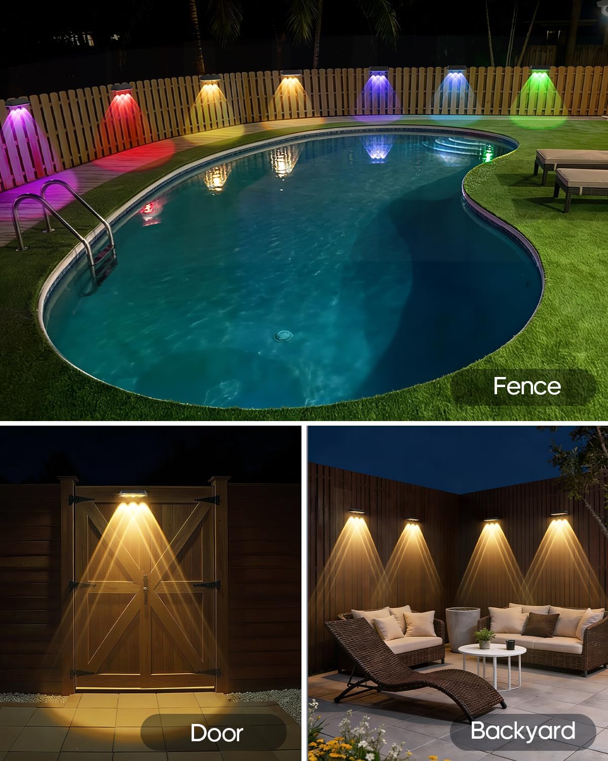 (8 pcs) Solar Fence Lights Outdoor Garden 3 Lens 9 Modes Warm Light RGB Wall Lights Outdoor IP65 Garden Fence Decoration Lighting for Backyard Deck Stair Patio Yard 