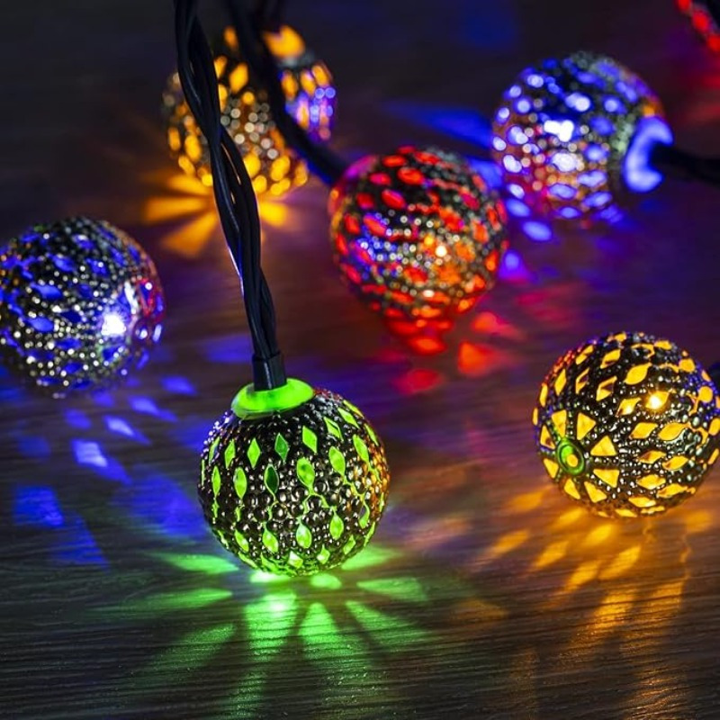 (Warm White) 50LED Moroccan Ball Solar String Lights Waterproof 8 Modes for Outdoor Garden Wedding Party Christmas Halloween Decor