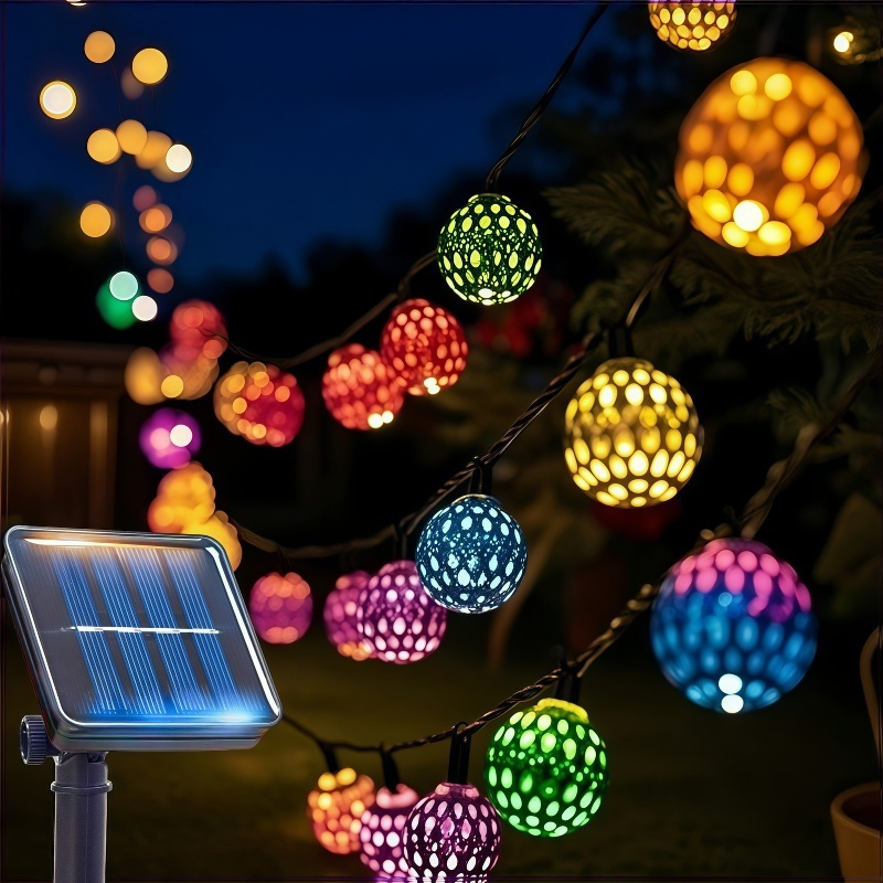(Warm White) 50LED Moroccan Ball Solar String Lights Waterproof 8 Modes for Outdoor Garden Wedding Party Christmas Halloween Decor