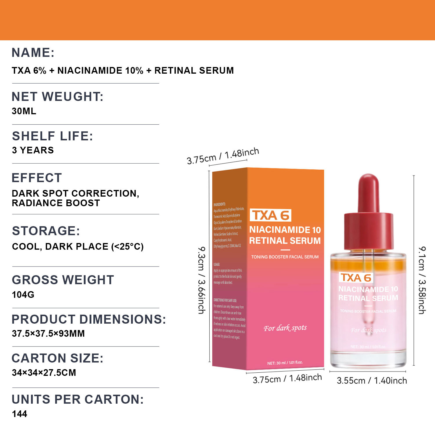 Tranexamic Acid 6 Percent Niacinamide 10 Percent Retinol Face Serum For Brightening Smoothing And Skin Renewal Treatment 30ml