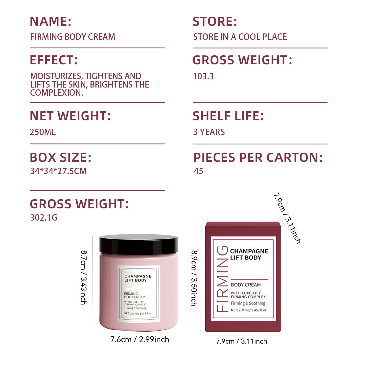 Pink Firming Body Cream Floral Scent Moisturizing Nourishing Tightening Lotion For Daily Post Shower Skincare Routine 250g