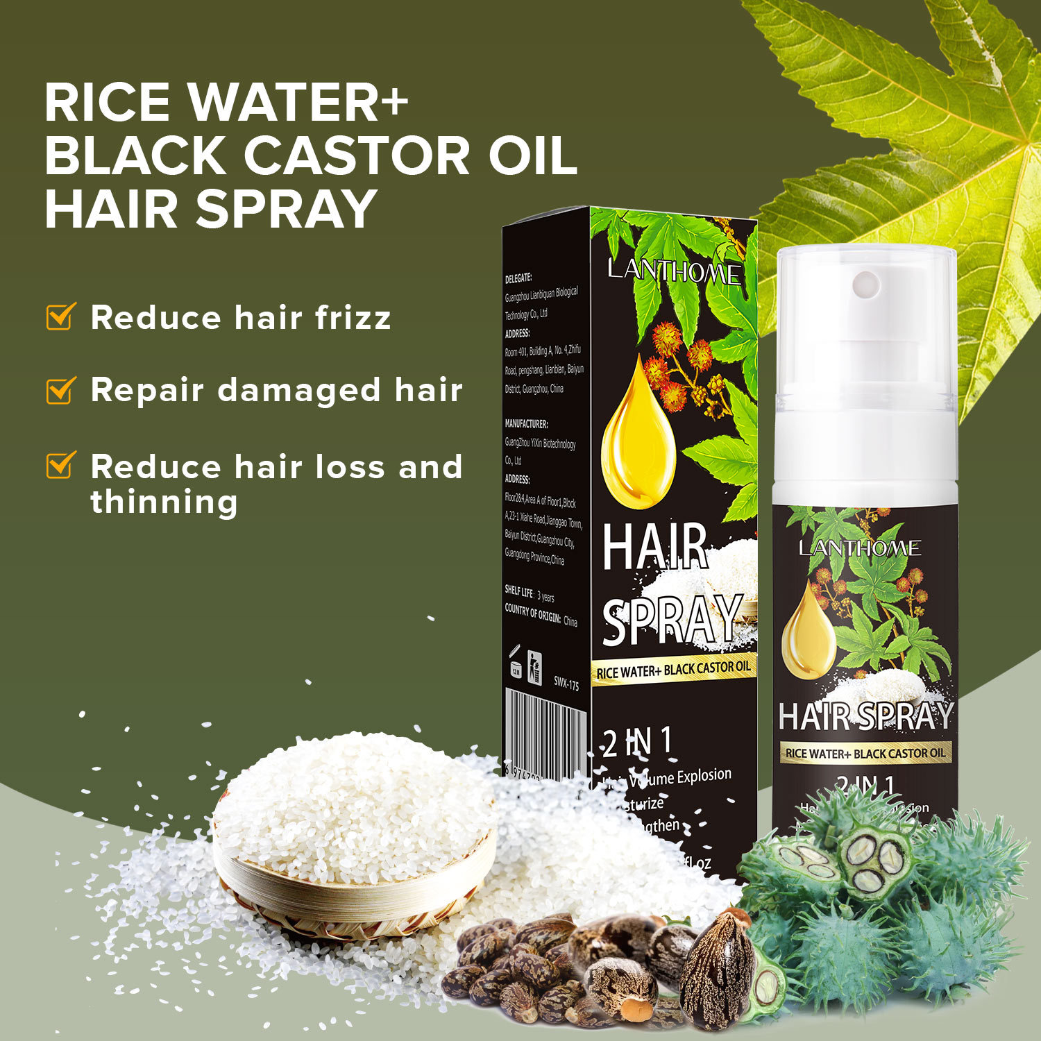 Rice Water Castor Oil Hair Growth Spray Nourishing Strengthening Scalp And Strand Daily Care 60ml