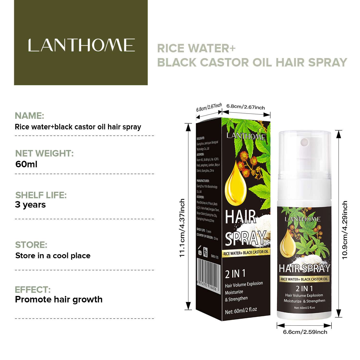 Rice Water Castor Oil Hair Growth Spray Nourishing Strengthening Scalp And Strand Daily Care 60ml