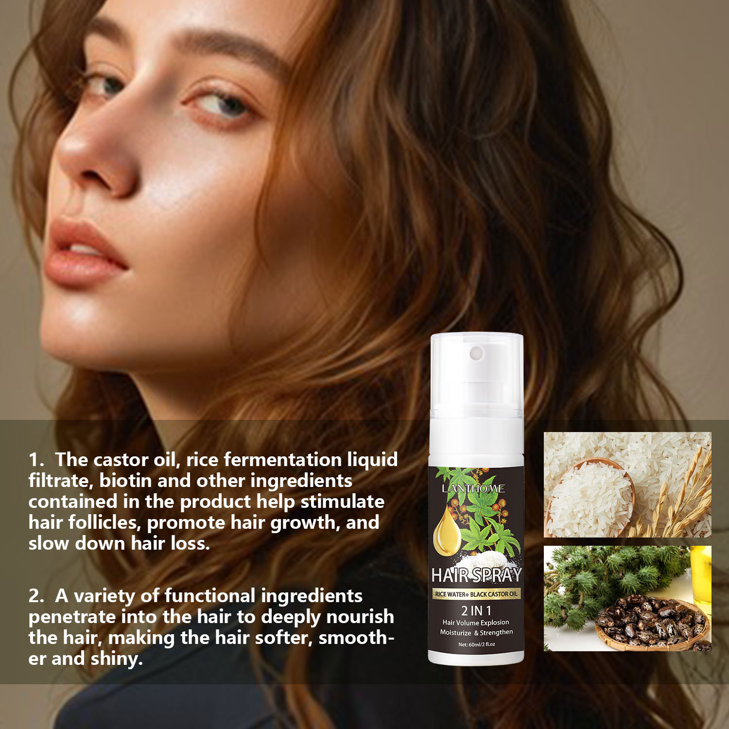 Rice Water Castor Oil Hair Growth Spray Nourishing Strengthening Scalp And Strand Daily Care 60ml