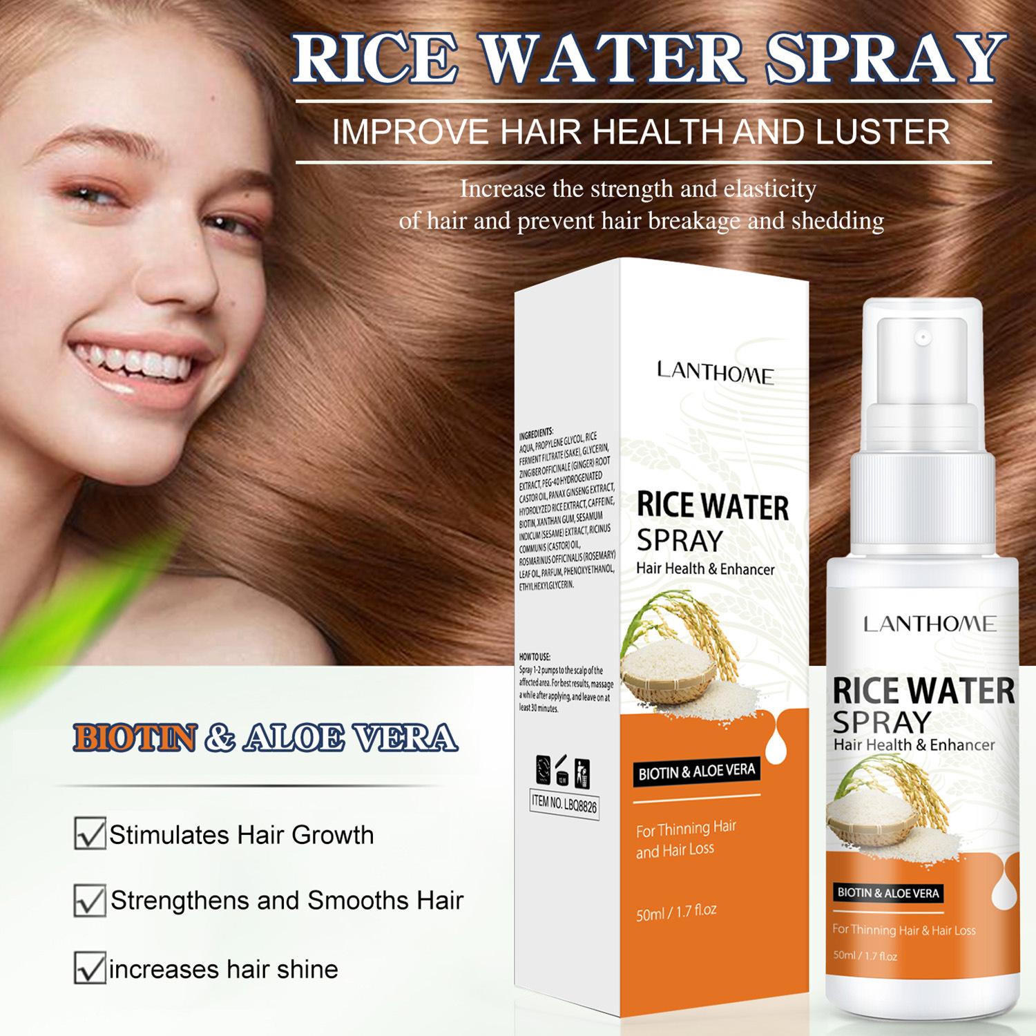 Lanthome Rice Water Hair Spray Nourishing Strengthening Smoothing For Dry Damaged Hair Daily Scalp And Strand Care 50ml