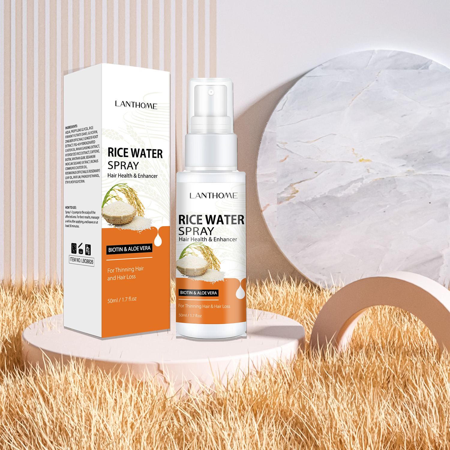 Lanthome Rice Water Hair Spray Nourishing Strengthening Smoothing For Dry Damaged Hair Daily Scalp And Strand Care 50ml