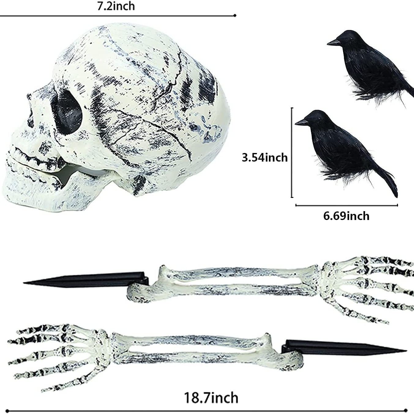 (Skull And Crow) Ground Insert Skull Ornament Ghost Hand Bone Realistic Skull Halloween Decor Prop Display