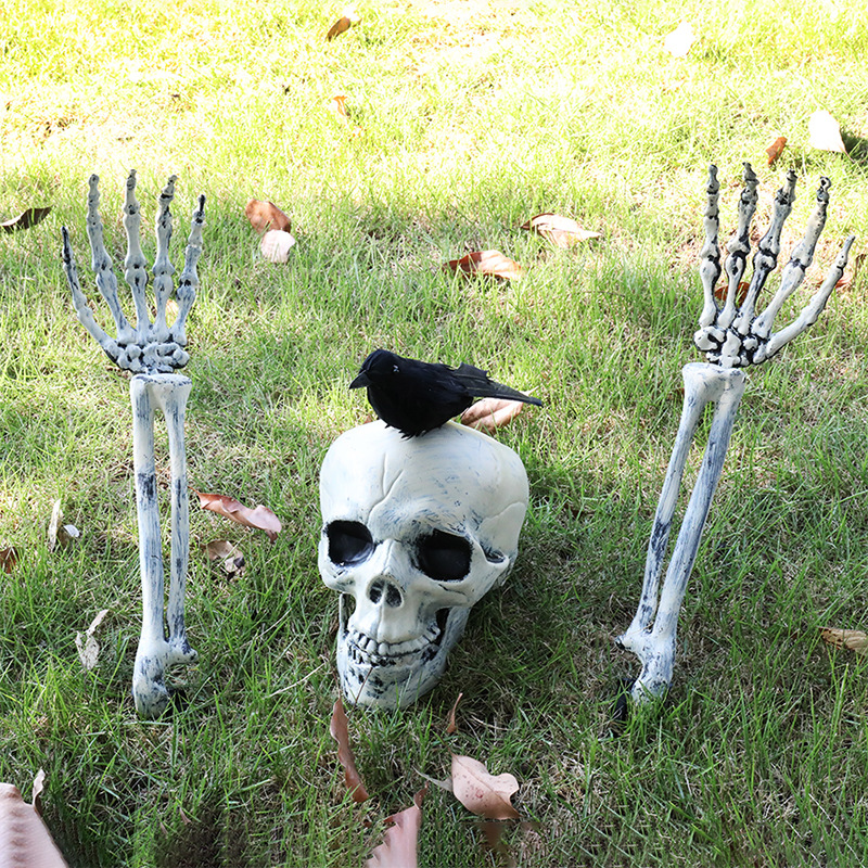 (Skull And Crow) Ground Insert Skull Ornament Ghost Hand Bone Realistic Skull Halloween Decor Prop Display
