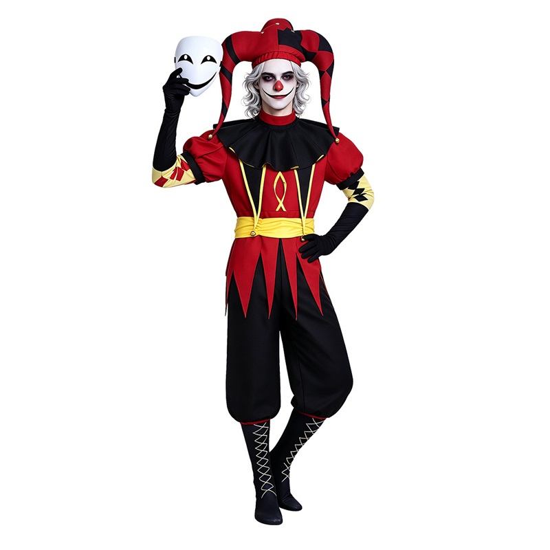 (XL) Pierrot Freak Circus Cosplay Costume Halloween Weird Circus Skin Role Play Outfit