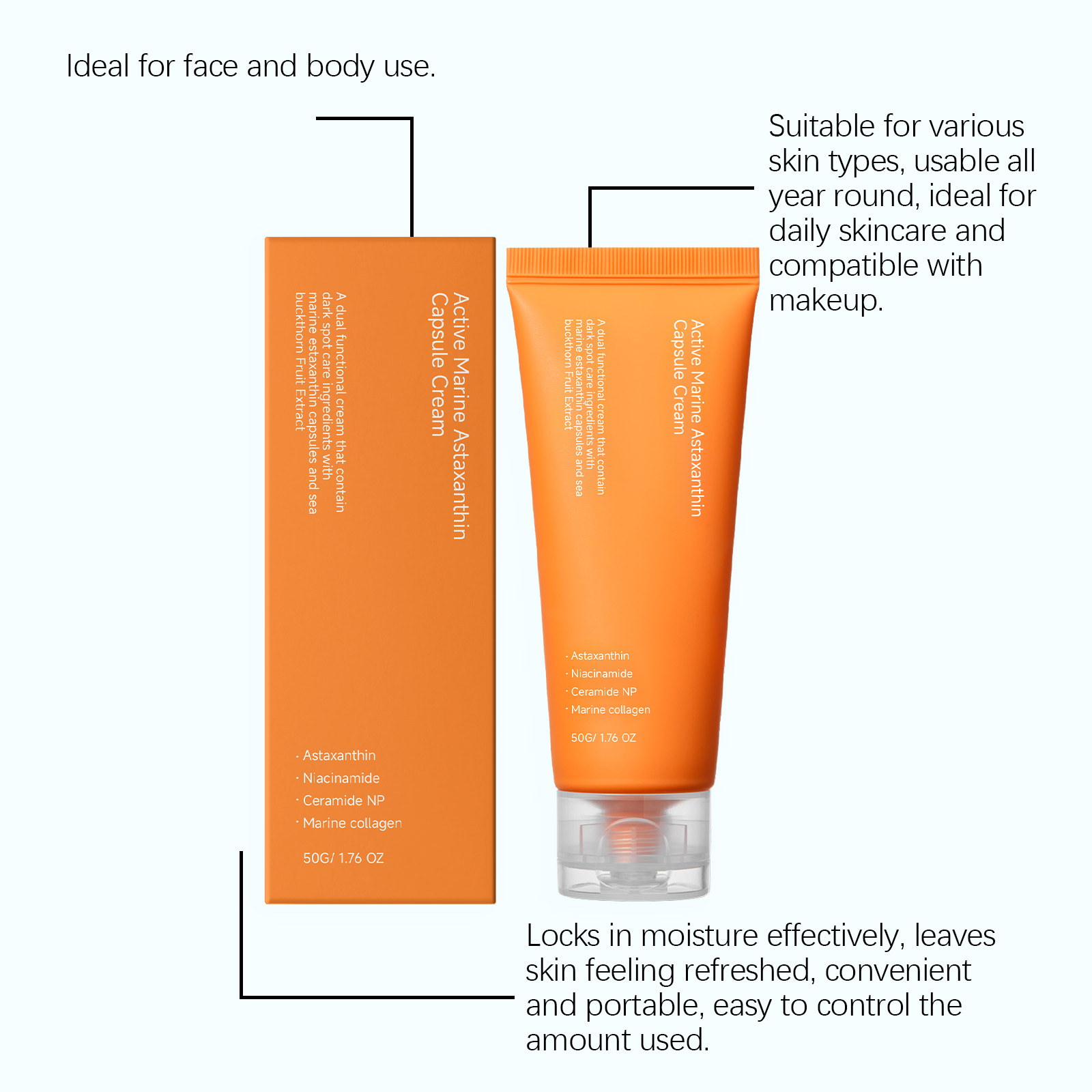 Astaxanthin Capsule Facial Cream Brighten Soft Smooth Delicate Comfort Light Absorb Skin Care Lotion Beauty Daily