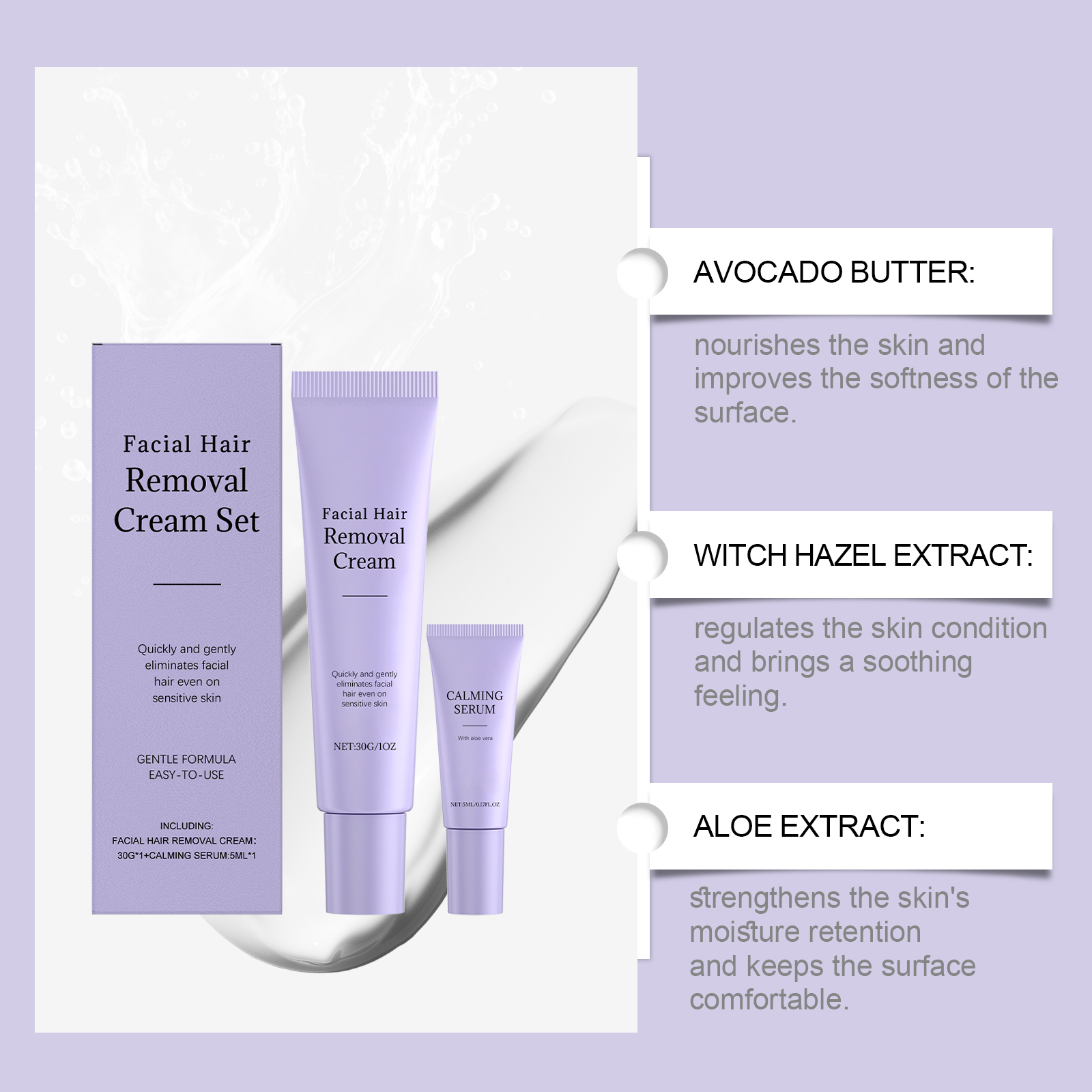 Facial Hair Removal Kit Gentle Care Daily Clean Facial Skin Delicate Moist Smooth Face Depilatory Cream