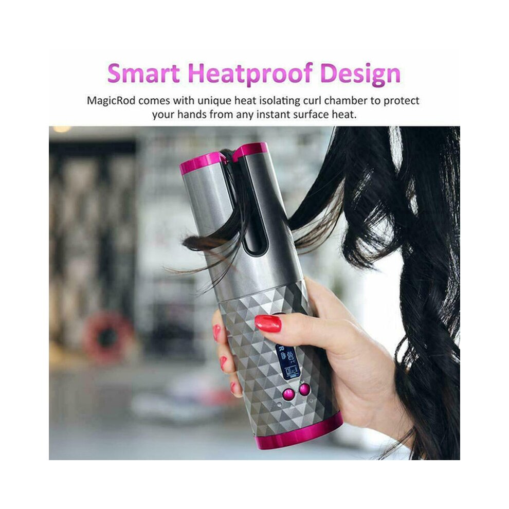((White Electric Auto Rotating)) Cordless Automatic Hair Curler | Portable Curling Tongs