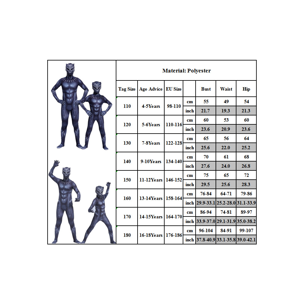(7~8 Years) Black Panther Jumpsuit Kids Cosplay Costume Superheros Bodysuit Fancy Dress Outfits Anime Movie Roleplay Onesies for World Book Day
