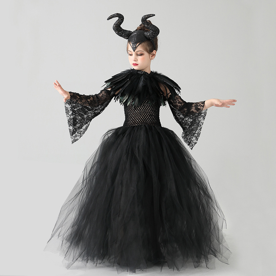 (90~110CM) Maleficent Costume for Kids Girls Evil Queen Fancy Dress Up Black Princess Magic Wizard Halloween Carnival Cosplay