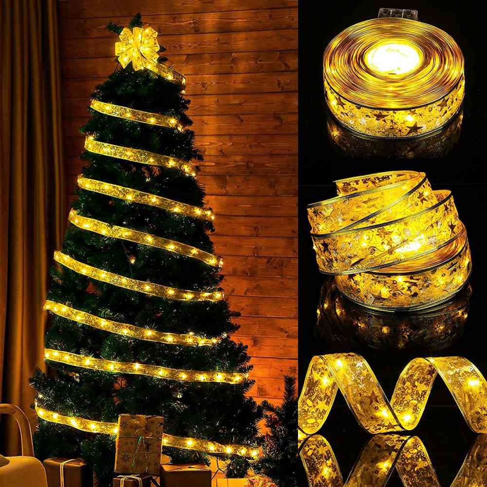 (Gold Ribbon Warm White 10M 100led) Christmas Fairy Lights Indoor Outdoor 33FT 100LED Christmas Decorations Battery Fairy Lights Ribbon String Lights Curtain Lights Christmas Tree Lights for Christmas Decorations Xmas Decor Warm White RGB