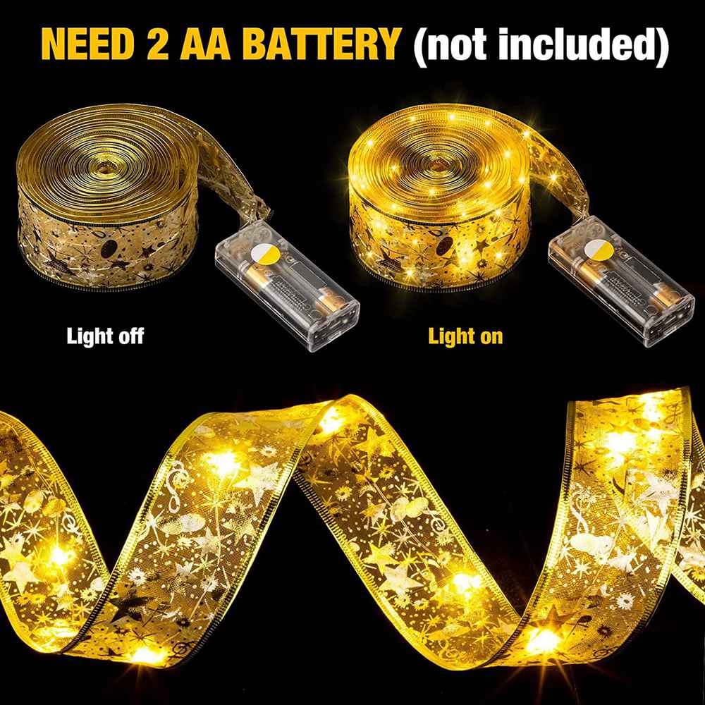 (Gold Ribbon Warm White 10M 100led) Christmas Fairy Lights Indoor Outdoor 33FT 100LED Christmas Decorations Battery Fairy Lights Ribbon String Lights Curtain Lights Christmas Tree Lights for Christmas Decorations Xmas Decor Warm White RGB