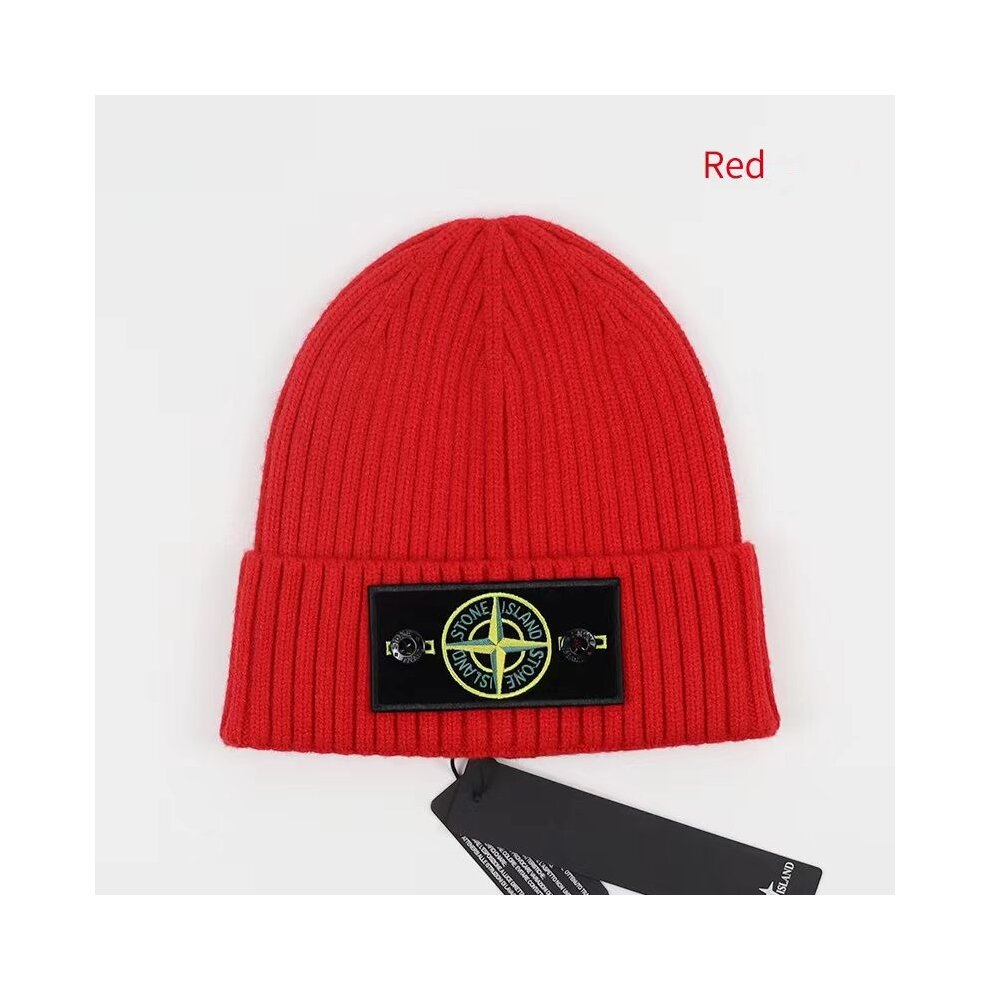 (Black) Stone Island Hat Warm Thick Cap Cuffed Knit Stretch Beanie Hat