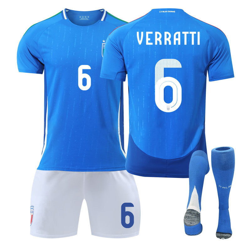 (Kids 2~3 Years) Italy Home Football Kit with No. 6 Verratti Jersey Set Football Shirt Kids European Cup 2024 Boy Girl Tshirt Activewear Soccer Jersey Sports Tracksuit