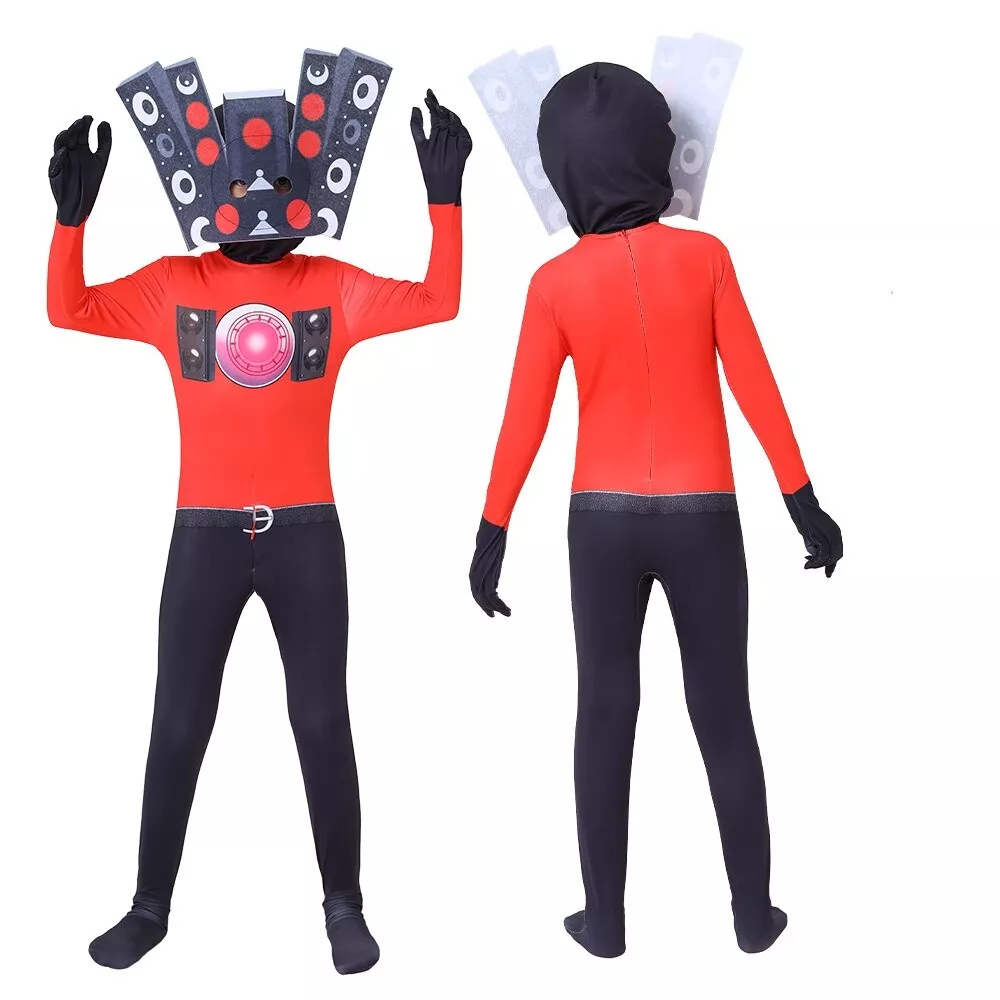 (Size 110) Kids Skibidi Toilet Orange Speak Man Horror Jumpsuits Mask Game Costume Party Fancy Dress Bodysuit Outfit Halloween