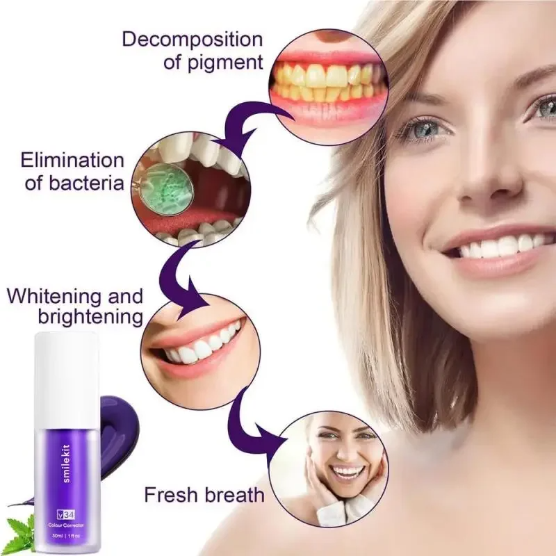 SMILEKIT V34 Purple Whitening Toothpaste Remove Smoke Stain Tartar Reduce Yellowing Care For Teeth Gums Fresh Breath Clean Oral Hygiene Teeth Care 30ml