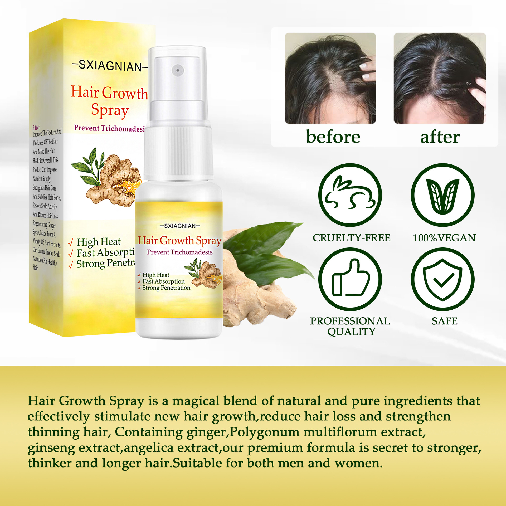 (1 PC) Ginger Hair Growth Serum Spray Fast Growing Hair Essential Oil Natural Anti Hair Loss Products Prevent Hair Damaged Repair Care  Scalp Treatment