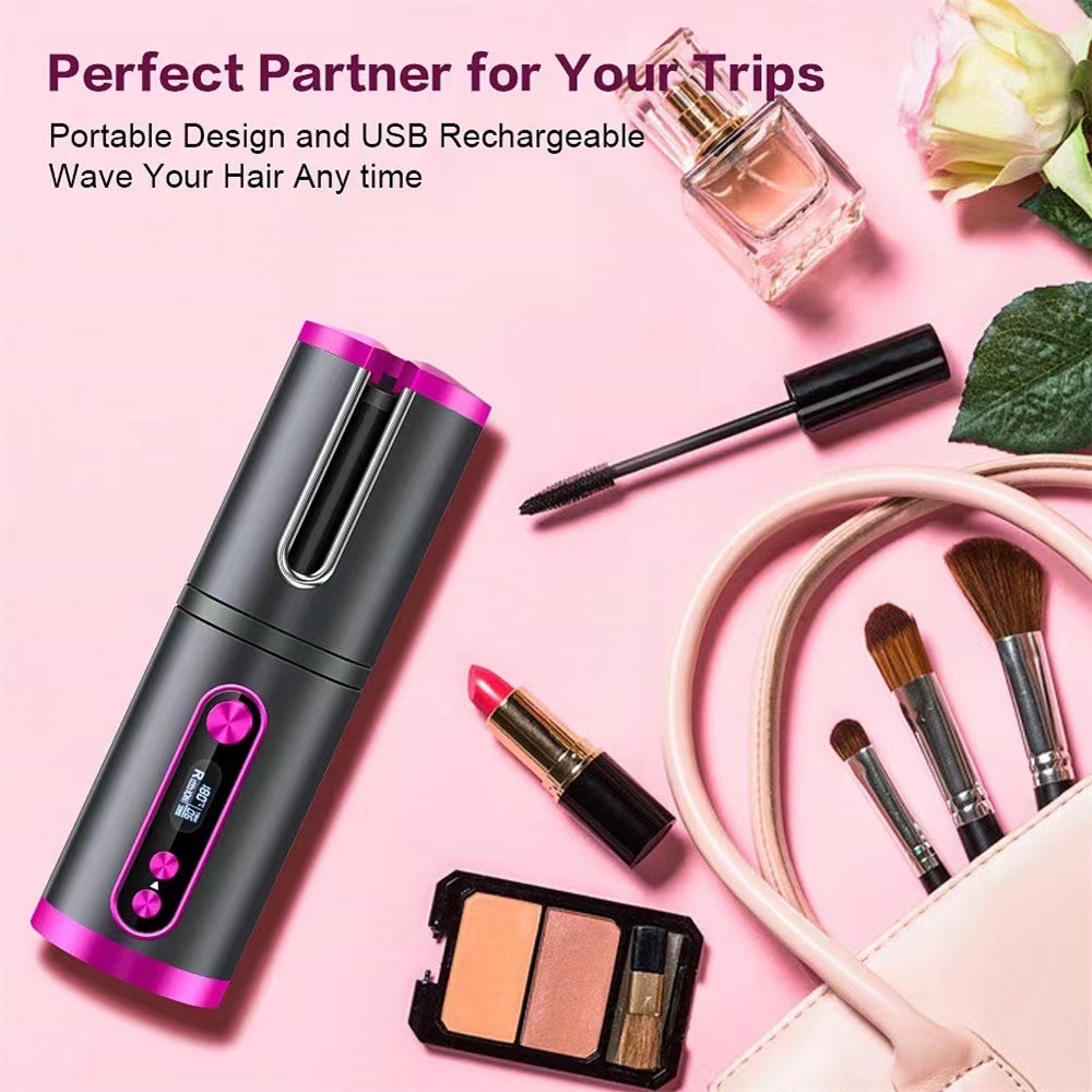 (Grey) Hair Curler Rotating Curling Tongs Curling Iron Cordless Auto Curler Restriction Rechargeable Ceramic Professional Hair Curler USB ChargingPortable