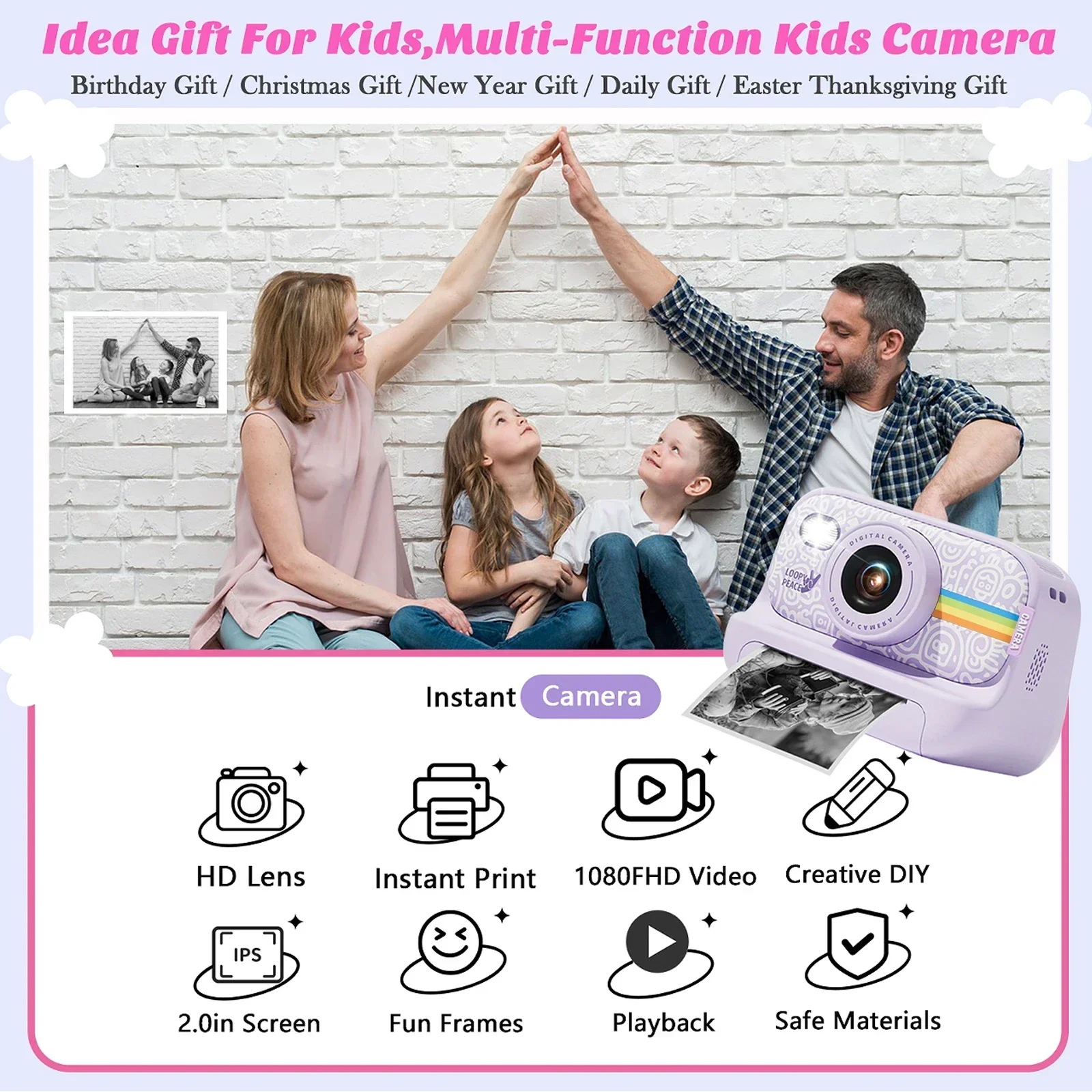 Instant Print Camera for Kids 2.0 Inch Screen Kids Instant Cameras Christmas Birthday Gifts for Girls