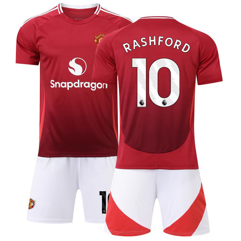 (Kids 16) 2425 Manchester United Home No 10 Rashford Kids Football Jersey Kit Boys Girls Suit Sports Fans Soccer Jersey Set