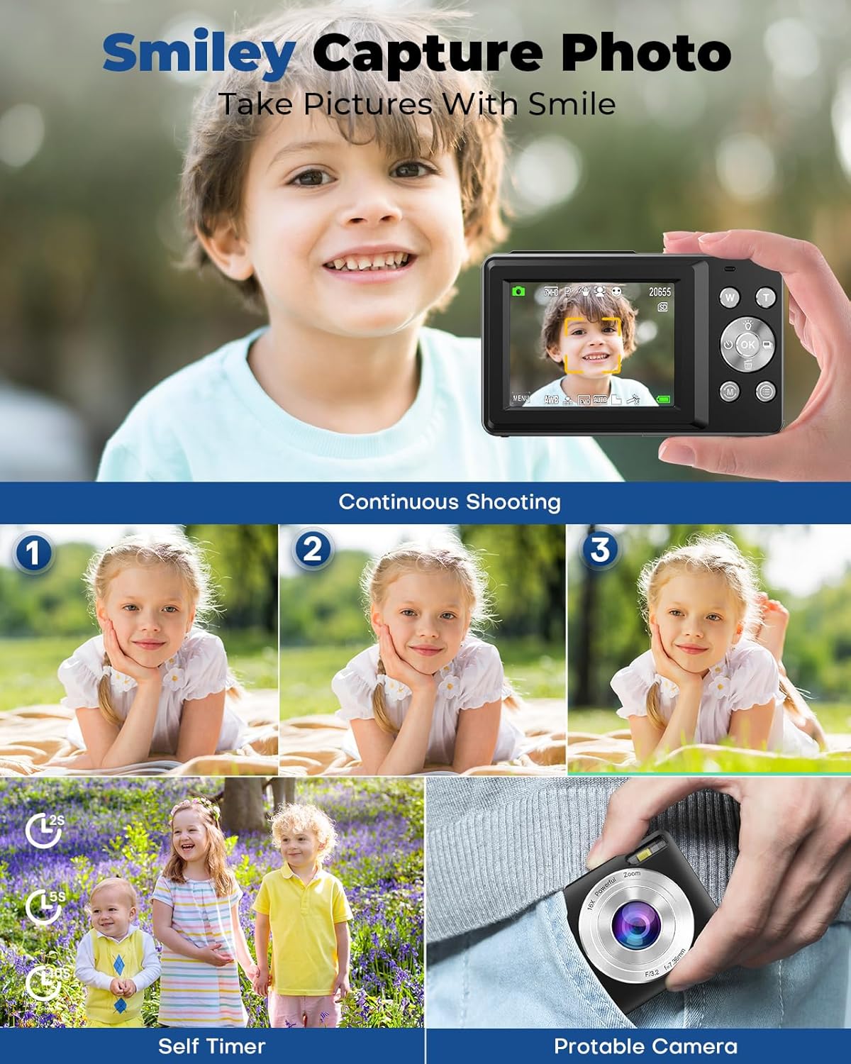 Digital Camera Camera Rechargeable Portable Mini Cameras FHD 1080P 44MP Compact Cameras with 16X Digital Zoom