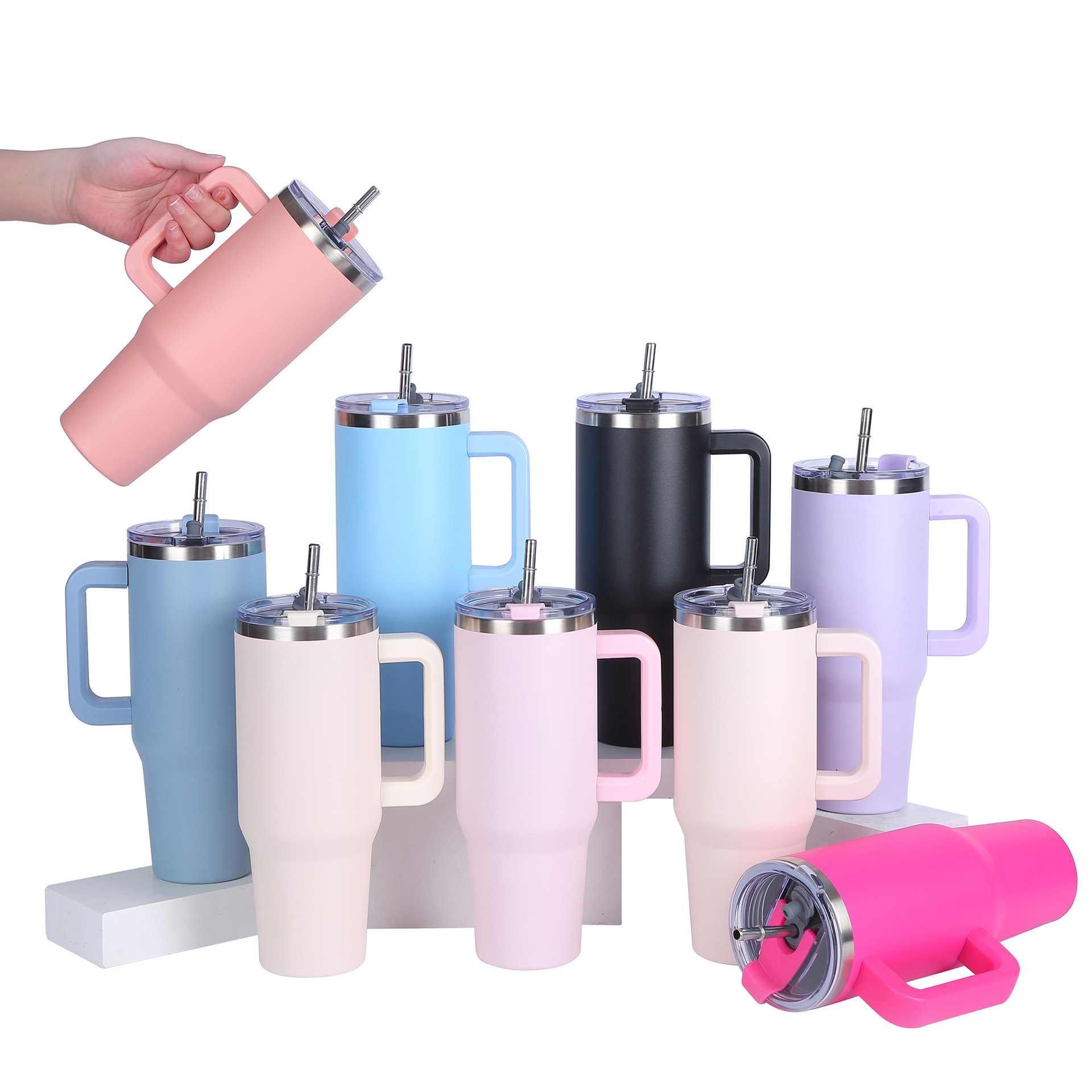 (Sky blue) 40oz Stainless Steel Water Bottle Office Home Thermal Mug Insulated Mug With Handle And Straw Large Capacity Gift Pack