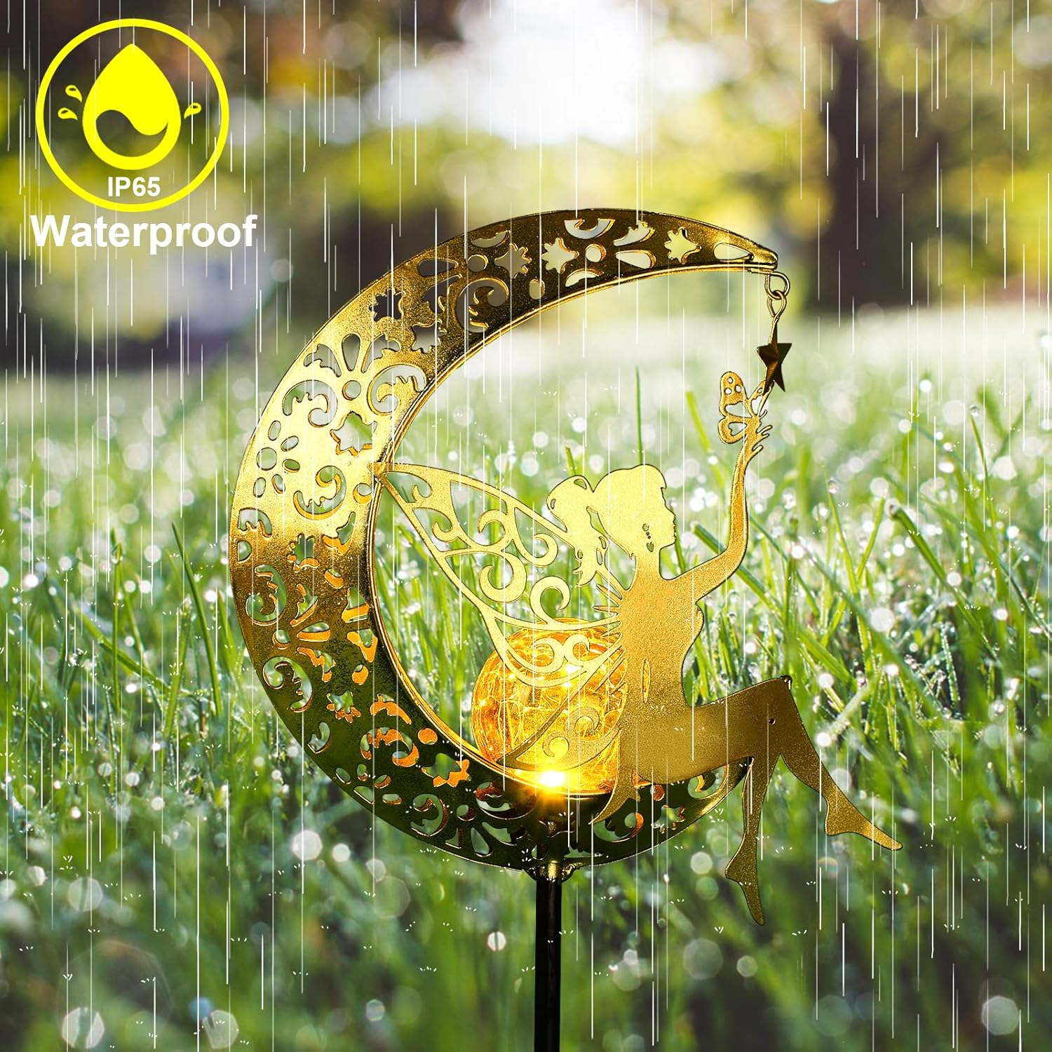 (Fairy) Solar Lights Garden Decorations,Moon Fairy Light Solar Crackle Glass Globe Warm LED Light for Pathway Lawn Patio Courtyard Gifts for Mom Grandma Women