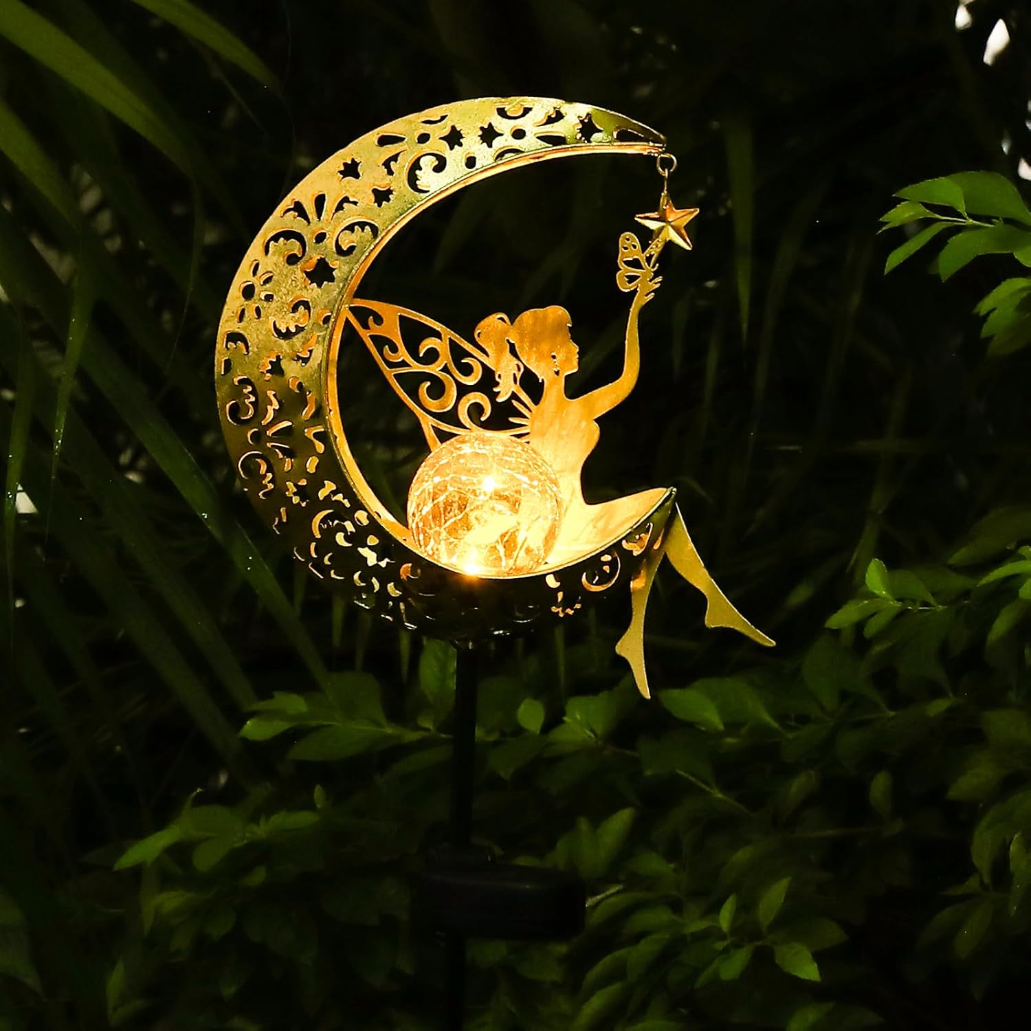 Solar Lights Garden Decorations,Moon Fairy Light Solar Crackle Glass Globe Warm LED Light for Pathway Lawn Patio Courtyard Gifts for Mom Grandma Women