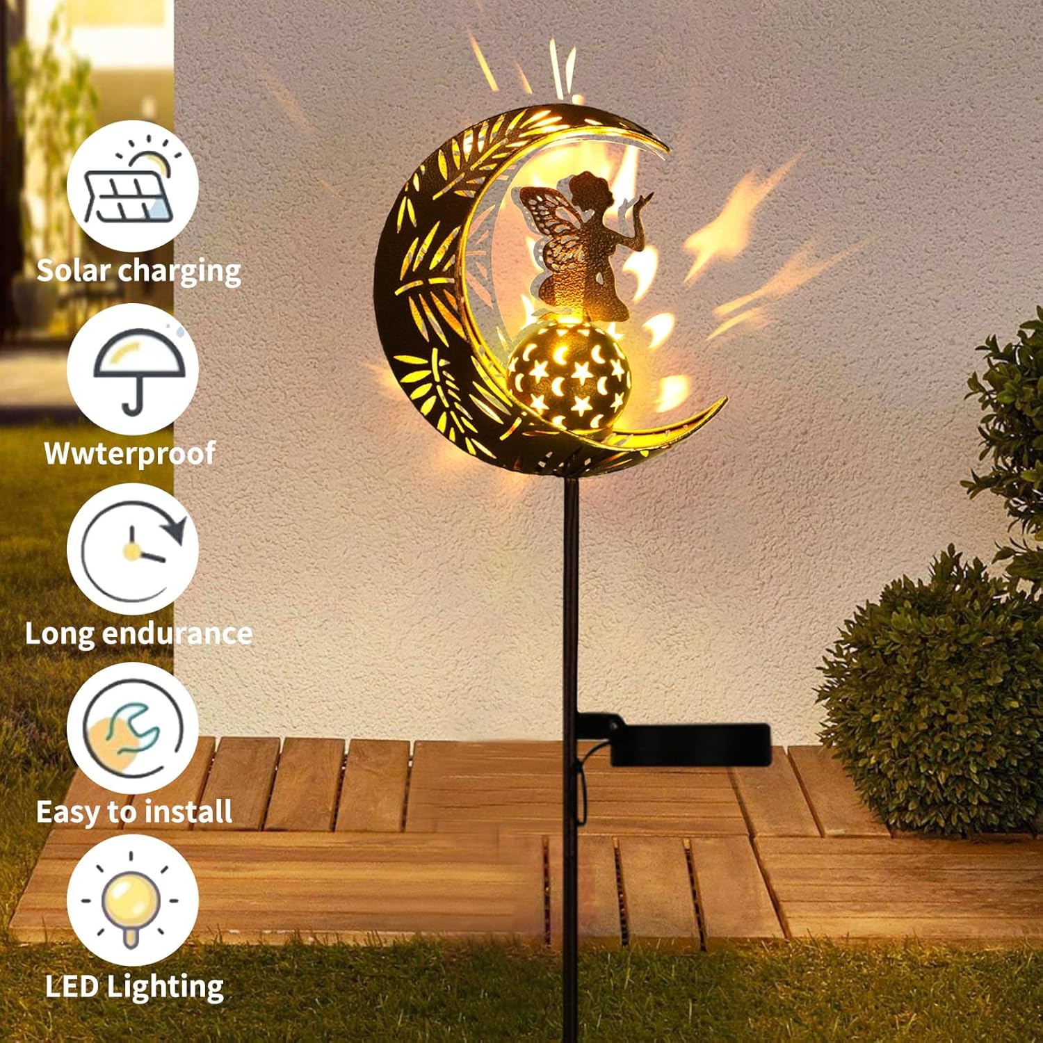 (Fairy) Solar Lights Garden Decorations,Moon Fairy Light Solar Crackle Glass Globe Warm LED Light for Pathway Lawn Patio Courtyard Gifts for Mom Grandma Women