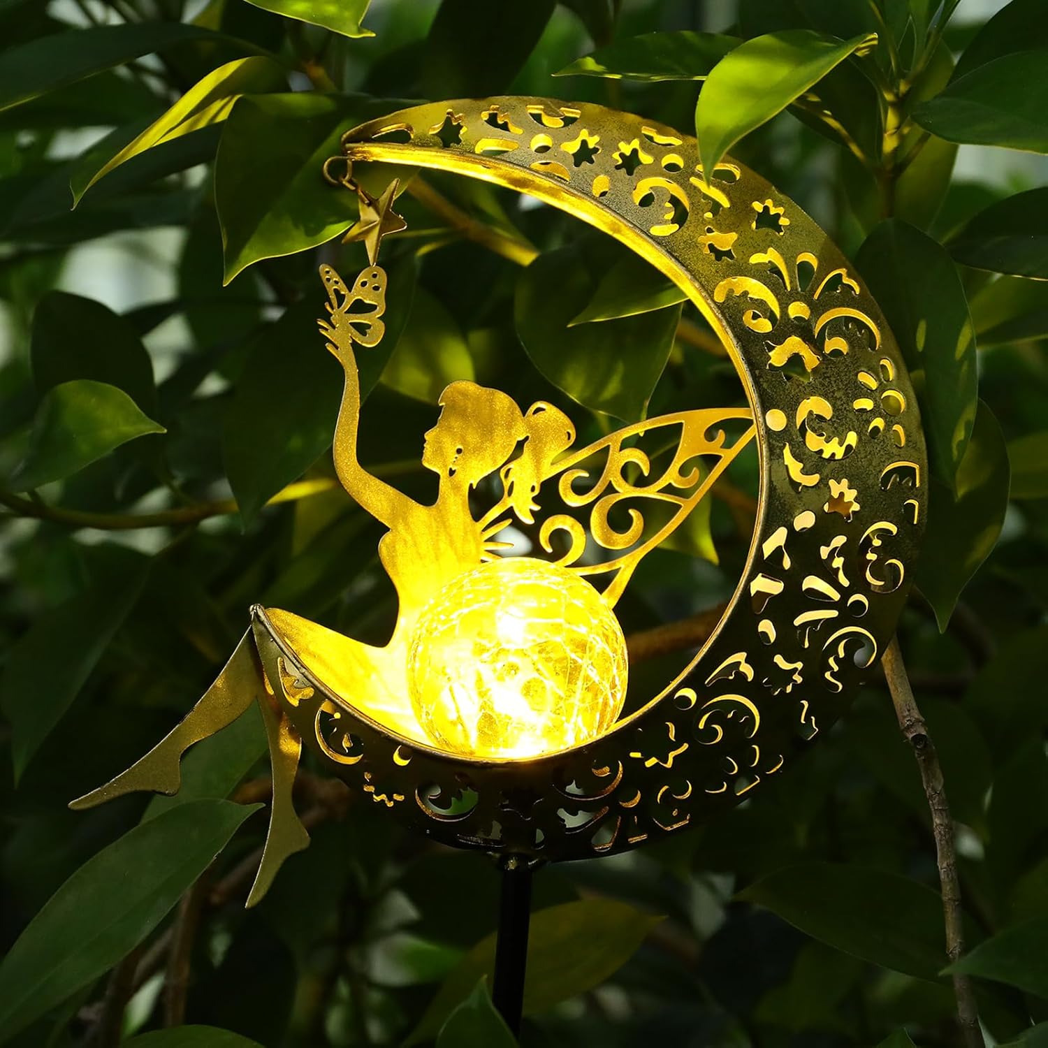 (Fairy) Solar Lights Garden Decorations,Moon Fairy Light Solar Crackle Glass Globe Warm LED Light for Pathway Lawn Patio Courtyard Gifts for Mom Grandma Women
