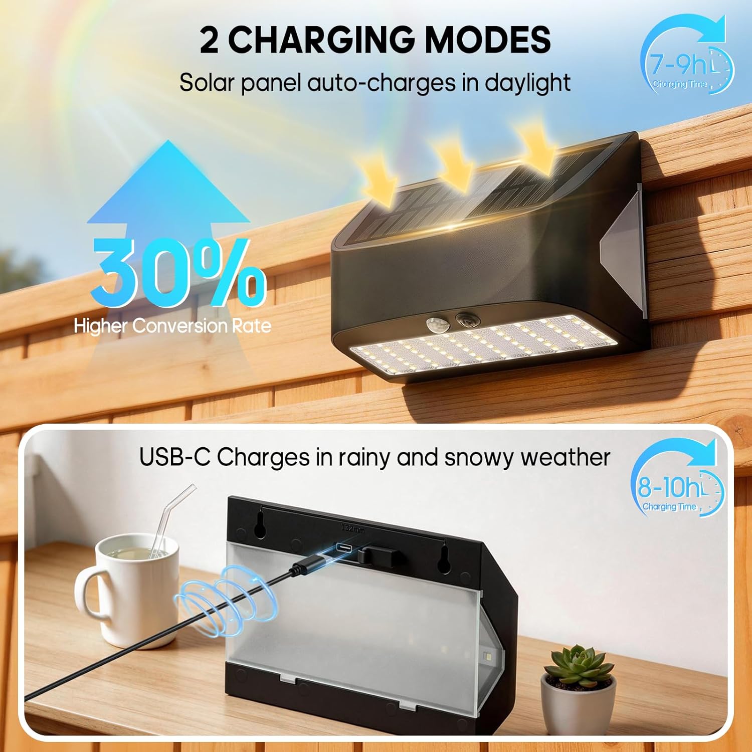 (1 pcs) Solar Wall Lights Outdoor Garden 2400mAh 1200LM USB Rechargeable Security Lights with Rear Light 6500K Motion Sensor Wall Lights 18-24H Hidden Hanging 