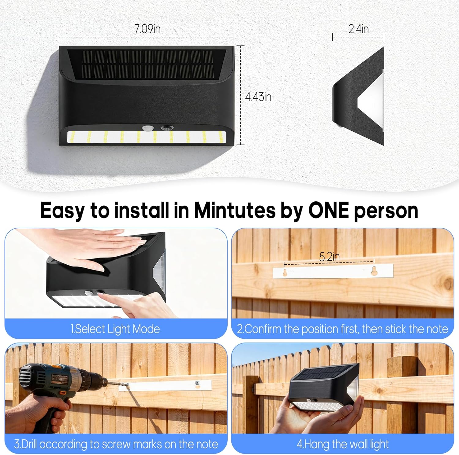 (1 pcs) Solar Wall Lights Outdoor Garden 2400mAh 1200LM USB Rechargeable Security Lights with Rear Light 6500K Motion Sensor Wall Lights 18-24H Hidden Hanging 