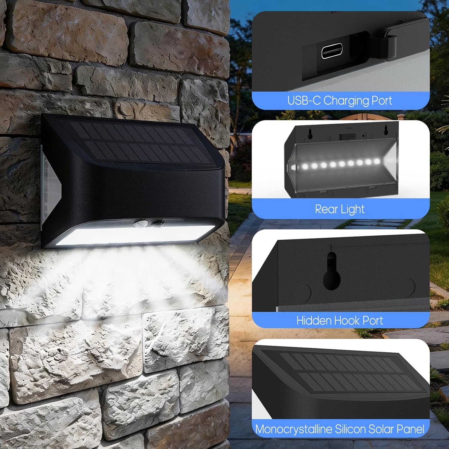 (1 pcs) Solar Wall Lights Outdoor Garden 2400mAh 1200LM USB Rechargeable Security Lights with Rear Light 6500K Motion Sensor Wall Lights 18-24H Hidden Hanging 