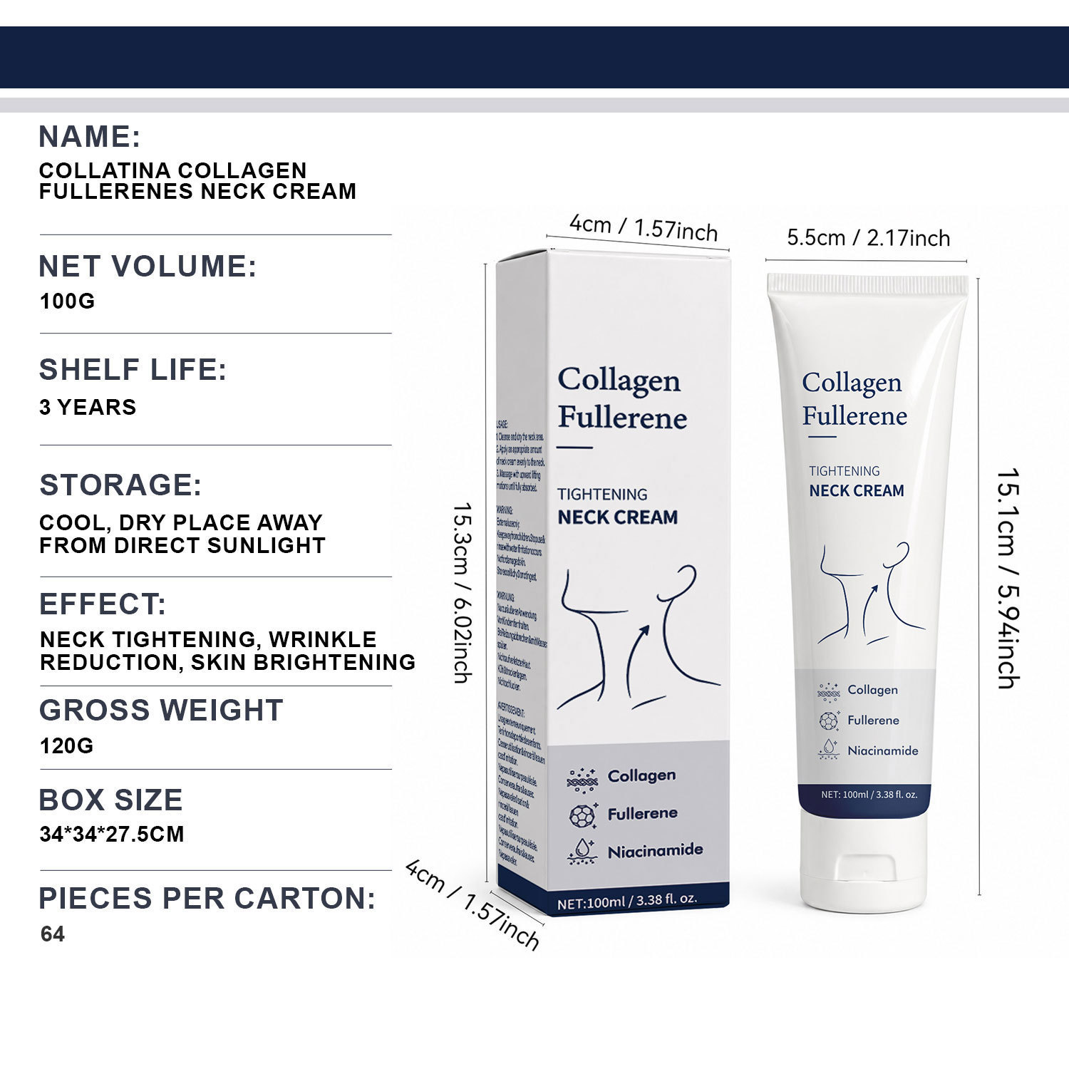 Collagen Fullerene Neck Cream For Firming Smoothing And Nourishing Neck Skin Care 100ml