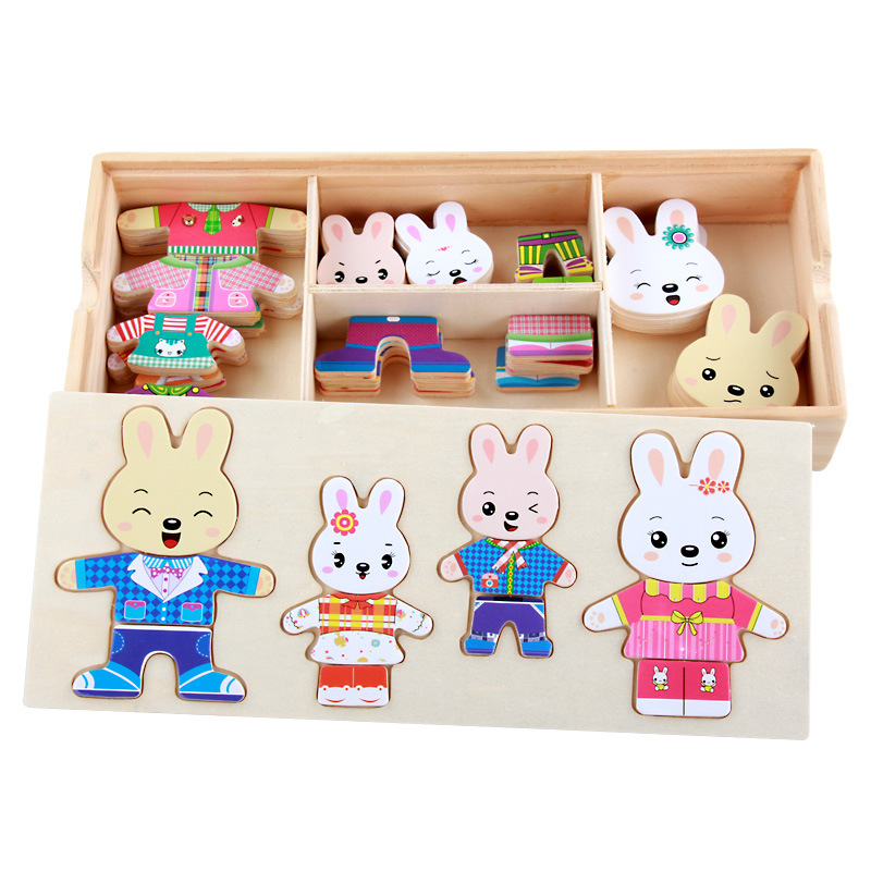 (076) Little Bear Change Clothes Children's Early Education Wooden Jigsaw Puzzle Dressing Game Baby Puzzle Toys For Children Gift
