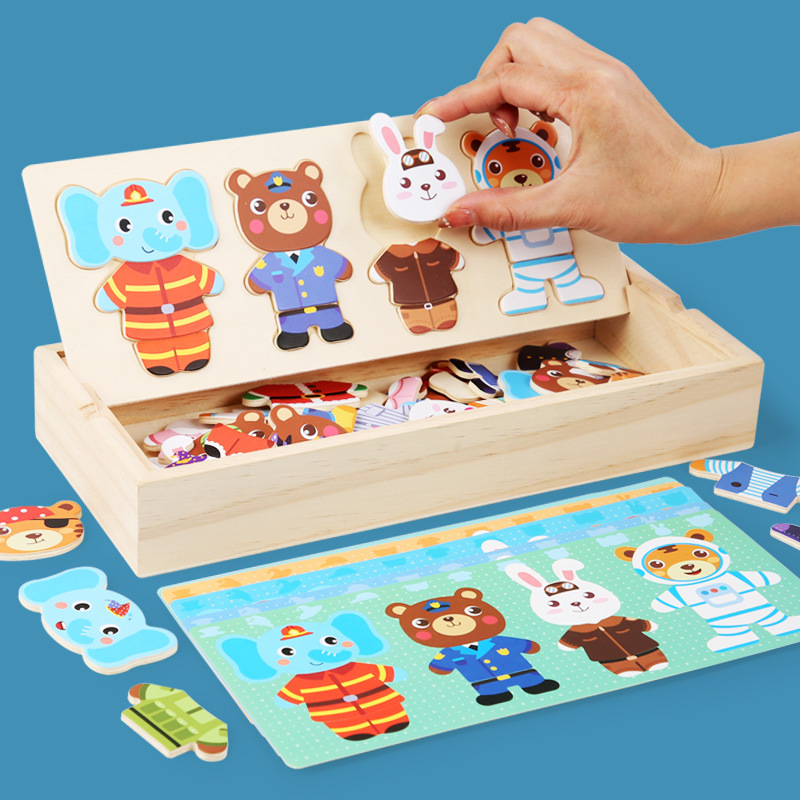(076) Little Bear Change Clothes Children's Early Education Wooden Jigsaw Puzzle Dressing Game Baby Puzzle Toys For Children Gift