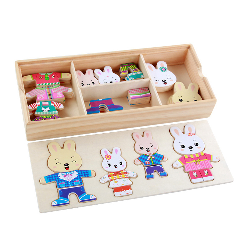 (076) Little Bear Change Clothes Children's Early Education Wooden Jigsaw Puzzle Dressing Game Baby Puzzle Toys For Children Gift
