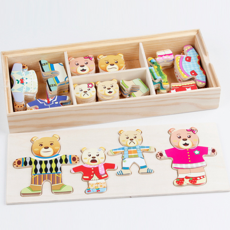 (076) Little Bear Change Clothes Children's Early Education Wooden Jigsaw Puzzle Dressing Game Baby Puzzle Toys For Children Gift