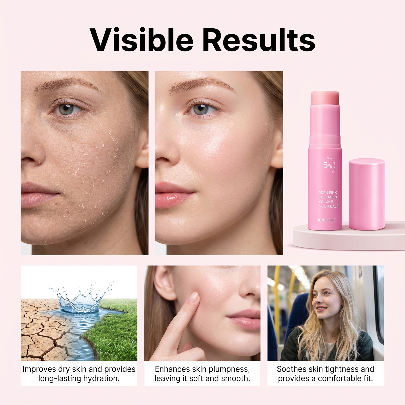 Collagen Stick Pink For Soft Skin Delicate Tender Daily Hydrating Moisturizing Refreshing Easily Absorbed Lotion Stick