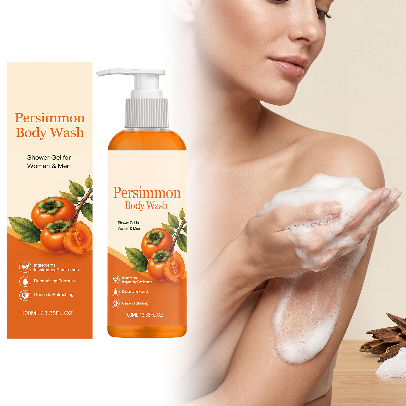 Persimmon Refreshing Body Wash Clean Moist Hydrated Dense Foam Easy Rinse Gentle Skin Care