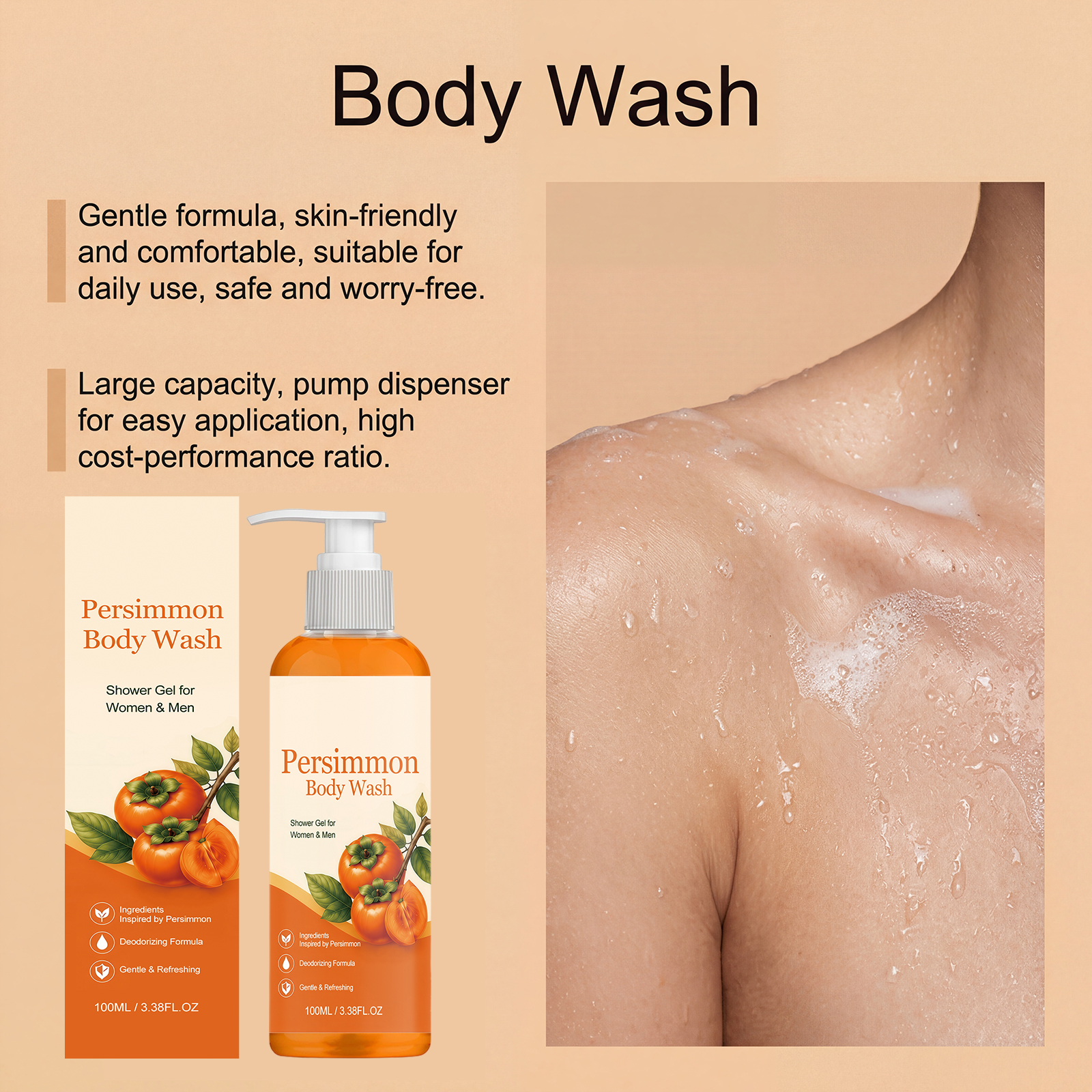 Persimmon Refreshing Body Wash Clean Moist Hydrated Dense Foam Easy Rinse Gentle Skin Care