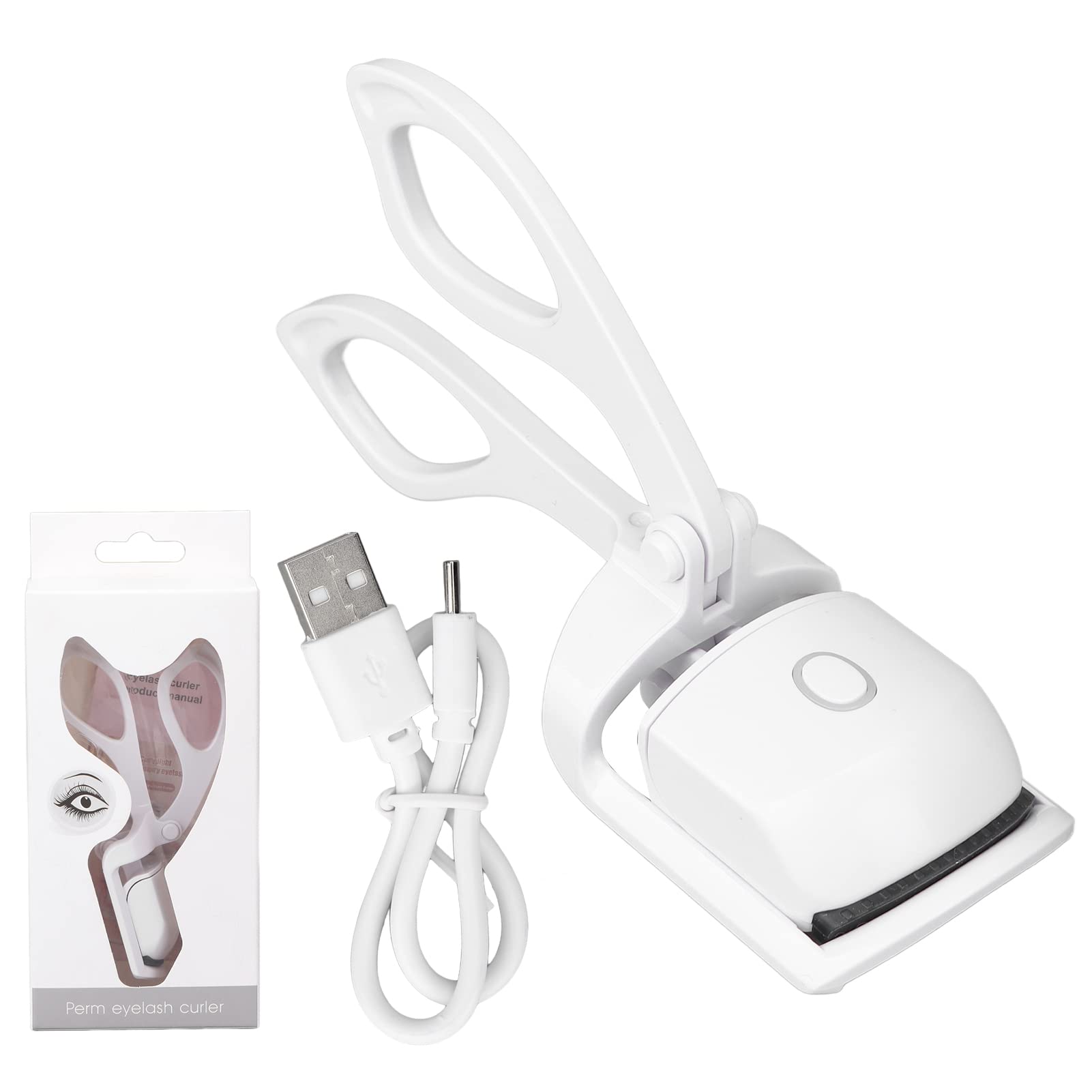 (White) Eyelash Curler Heated Eyelash Curler Clip Handheld Electric USB Lashes Curl Tool Portable Eyelashes Auxiliary Rechargeable Fast Heating Up Beauty Tool Curling Makeup